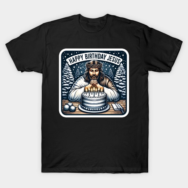 Happy Birthday Jesus Make A Wish Birthday Cake White Christmas Snowing Crown of Thorns T-Shirt by Plushism